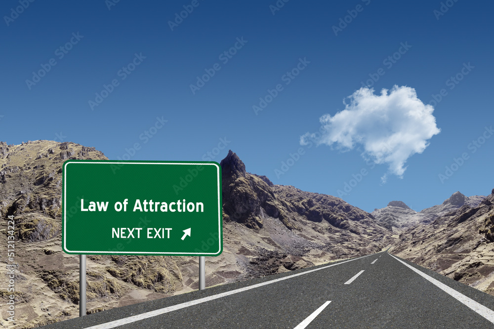 Highway sign with the words Law of Attraction and a metaphoric road leading to future success. Highway sign with the words Law of Attraction and a metaphoric road leading to future success.