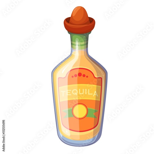 Tequila bottle with sombrero cap vector illustration. Cartoon refreshing Mexican alcohol liquor drink from tropical agave, isolated beverage for summer tequila party