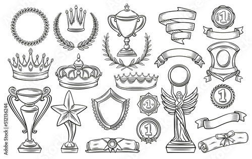 Trophy and award set of hand drawn icons vector illustration. Monochrome line vintage prizes for winners, medal reward for first place in sport game, outline collection of success and victory signs