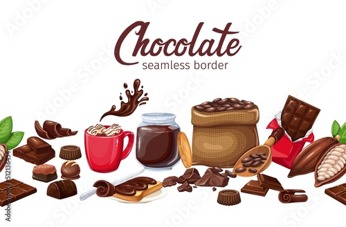Chocolate desserts set on seamless border vector illustration. Cartoon candy, curl and dark chocolate bar, red cup of hot drink with marshmallow and splash, pod of cocoa beans, choco paste sandwich