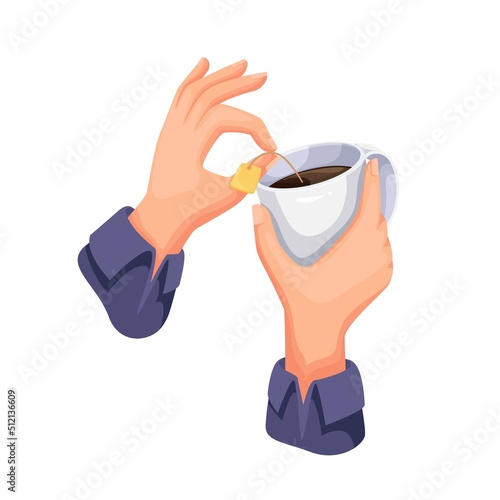 Human hands hold glass cup with black tea and teabag vector illustration. Cartoon person holding morning healthy hot drink in mug, isolated aroma beverage for comfort break time or breakfast