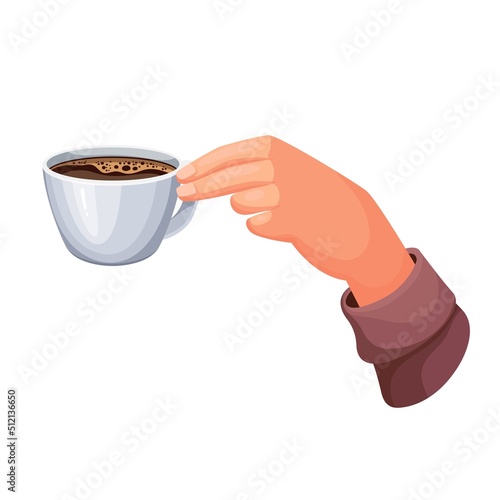 Hand holding cup full of coffee vector illustration. Cartoon person drinking hot black beverage with caffeine from isolated glass mug, pouring espresso drink in coffee shop, coffeehouse or cafe