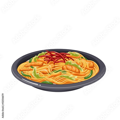 Yakisoba, Japanese food vector illustration. Cartoon isolated fried wheat noodle with pork and chopped vegetables, hot stir fry dish with yakisoba sauce on plate, delicious menu of Japan restaurant