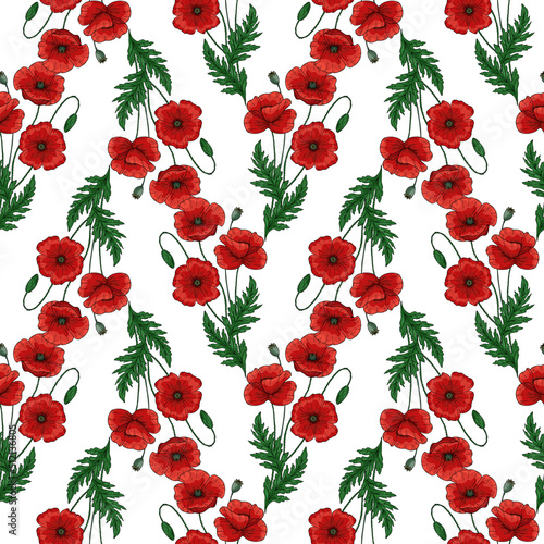Seamless pattern with red poppy flowers and green leaves. Papaver. Ornate elegant summer background. Decor for Anzac day. Endless texture for textile, fashion, packing.