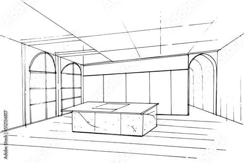 sketch drawing hall and kitchen counter,modern design,vector,2d illustration