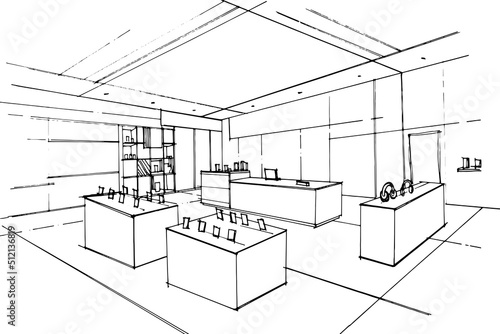 sketch drawing of electronic equipment store,computer and gadget shop. ,Modern design,vector,2d illustration