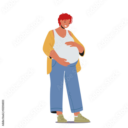 Female Character Prepare for Maternity, Pregnancy, Motherhood Concept. Beautiful Redhead Pregnant Woman Isolated on Whit