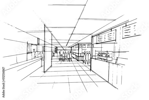 Sketch drawing of a department store area and food counter,Modern design,vector,2d illustration