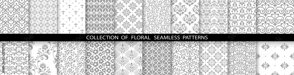 Geometric floral set of seamless patterns. White and gray vector backgrounds. Simple illustrations Geometric floral set of seamless patterns. White and gray vector backgrounds. Simple illustrations