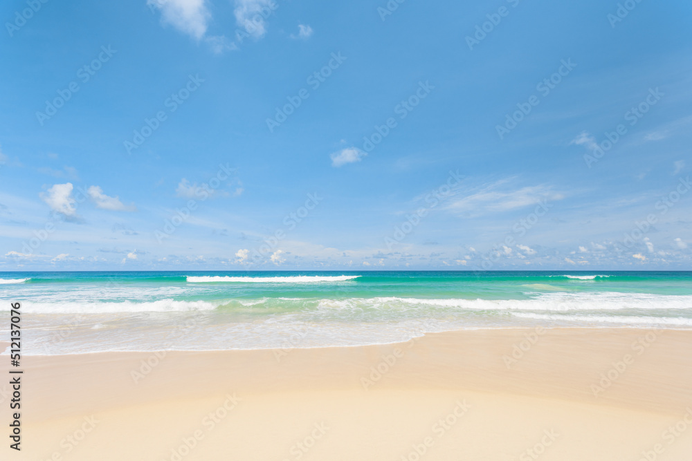Landscape summer beach background, with the sunny sky at the sea in Phuket, Thailand. Beautiful scene of blue sky and clouds on a sunny day. Empty holiday sea where the horizon can see clearly.