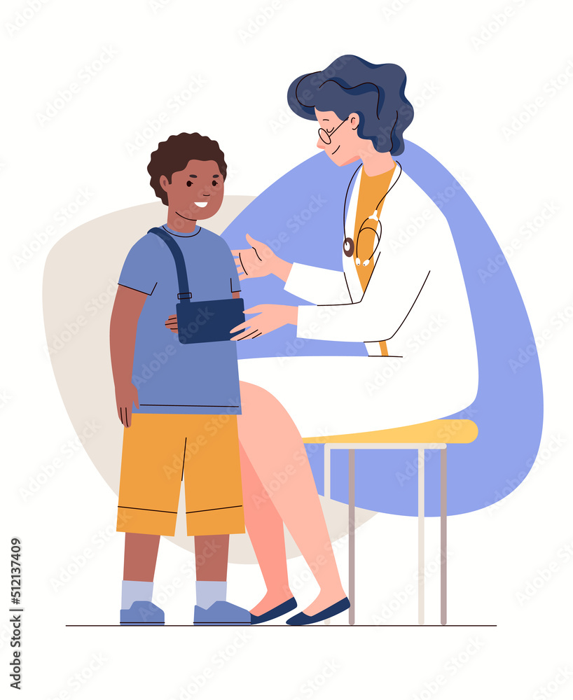 Health care, pediatric traumatology. Traumatologist examines and puts splint on patient's injured arm, treatment in hospital. Characters in colored flat vector illustration isolated on white backgroun