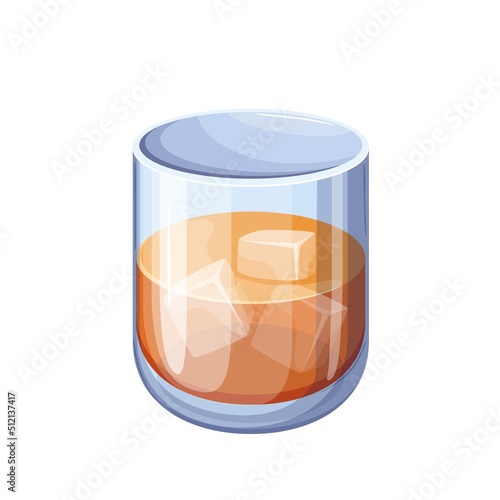 Rum in glass with ice cubes, alcohol drink for summer cocktail vector illustration. Cartoon isolated highball glass cup of strong alcoholic liquid