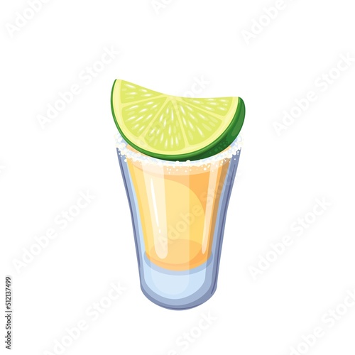 Tequila shot glass with lime and salt vector illustration. Cartoon refreshing Mexican alcohol liquor drink from tropical agave, isolated beverage for summer tequila party