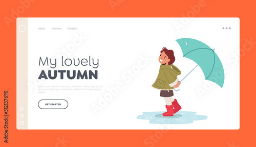 Happy Little Girl with Umbrella Walk on Street Landing Page Template. Baby Character in Rubber Boots Stand in Puddle