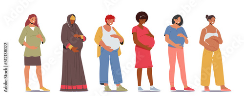 Multinational Women Pregnancy and Motherhood Concept. Diverse Pregnant Mothers with Big Belly Isolated on White