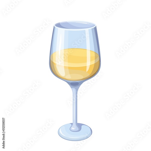 Glass with white wine, alcohol drink menu for celebration in bar, restaurant vector illustration. Cartoon isolated wineglass filled with grape alcoholic beverage