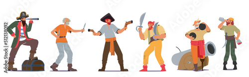 Set of Pirates, Corsairs Characters with Guns, Sabers, Cannon Balls and Bottle of Rum Isolated on White Background