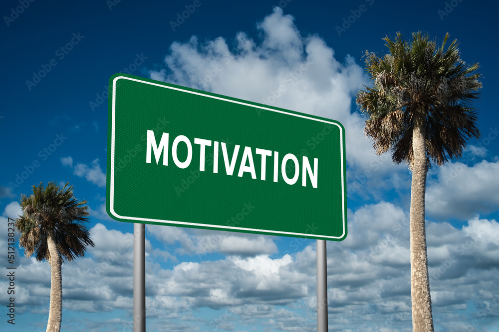Highway sign with the word Motivation on a beautiful blue sky background with palm trees.  Motivational concept for finding what we want on the journey of life.