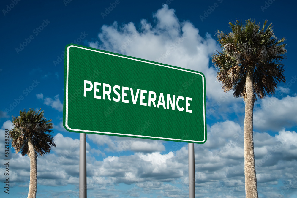 Fototapeta premium Highway sign with the word Perseverance on a beautiful blue sky background with palm trees. Motivational concept for finding what we want on the journey of life.