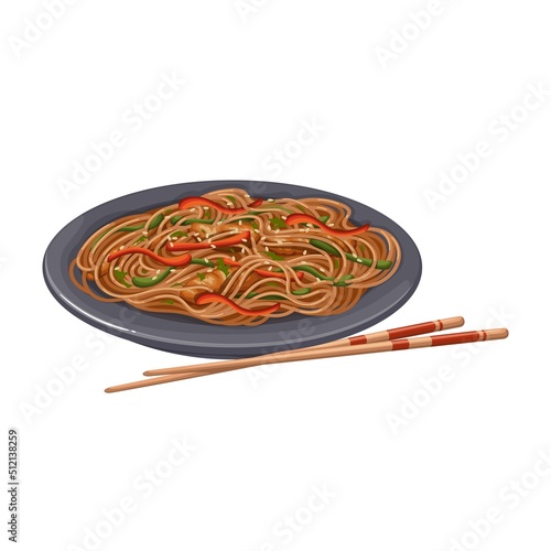 Soba, Japanese noodle vector illustration. Cartoon isolated wooden chopsticks and bowl with tasty fried buckwheat noodle, vegetables and sauce, delicious traditional recipe of Japan restaurant