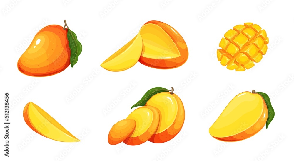 Mango set vector illustration. Cartoon isolated exotic organic fresh fruit cut in half pieces and slices for healthy vitamin vegetarian menu. Ripe sweet tropical mango with leaf