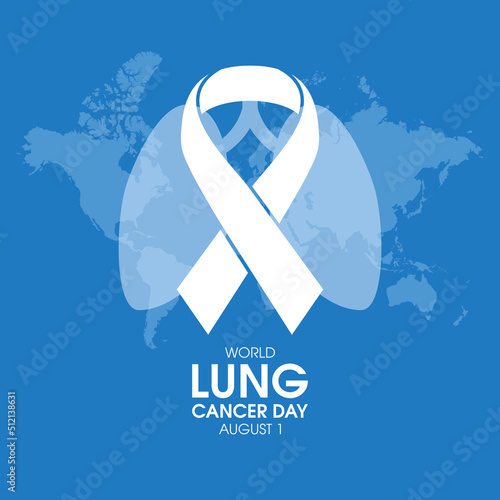 World Lung Cancer Day Poster with white cancer awareness ribbon vector. White awareness ribbon, human lungs and world map silhouette icon vector. August 1. Important day