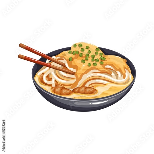 Udon, Japanese cuisine vector illustration. Cartoon isolated chopsticks and bowl with hot soup, cooked curry udon noodles in broth with meat or vegetables, gourmet recipe for menu of Japan restaurant