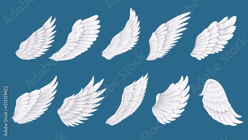Bird or angel wing set vector illustration. Cartoon isolated white long feathers of wings with different shapes for flying in free heaven or sky, spiritual concept of freedom, dream, peace and fantasy