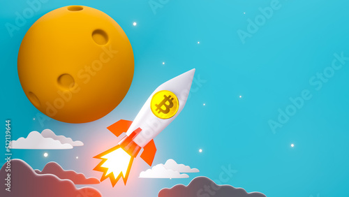 Bitcoin rocket flying into space and the moon background. 3d render.