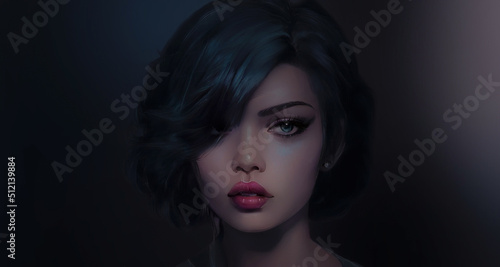 Fototapeta Naklejka Na Ścianę i Meble -  Portrait of a beautiful young girl with dark hair. Close-up, female face, beauty, sketch. New world. Dark background. Young woman. 3D illustration.