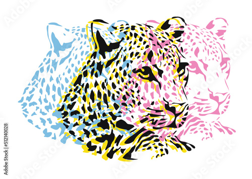 t-shirt design of a leopard head in different colors. Vector design for a poster.