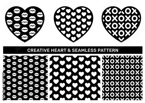 Set of contour heart with love texture and abstract black valentine seamless pattern. Creative romantic icon vector design element and seamless texture swatch for decorative textile print design