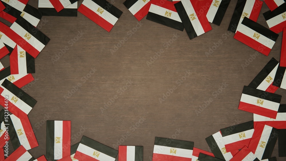 Frame made of paper flags of Egypt arranged on wooden table. National celebration concept. 3D illustration Frame made of paper flags of Egypt arranged on wooden table. National celebration concept. 3D illustration