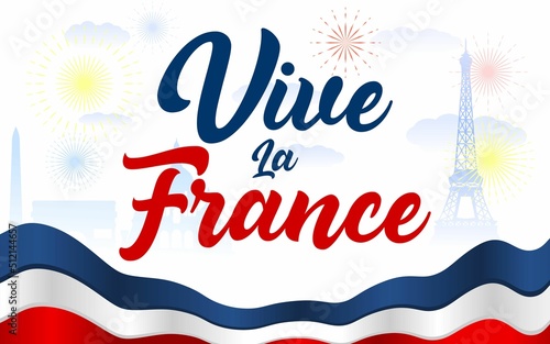 Ilustrasi vektor desain huruf Vive la France pada latar belakang Tema Prancis. Sempurna untuk iklan, poster, atau kartu ucapan untuk Hari Nasional Prancis, 14 Juli, Hari Bastille.