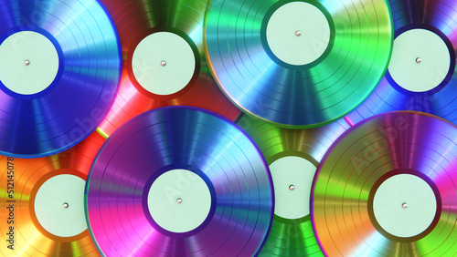 Realistic 3D illustration of the colorful iridescent retrowave or synthwave style vinyl records with blank labels rendered as background #512145078
