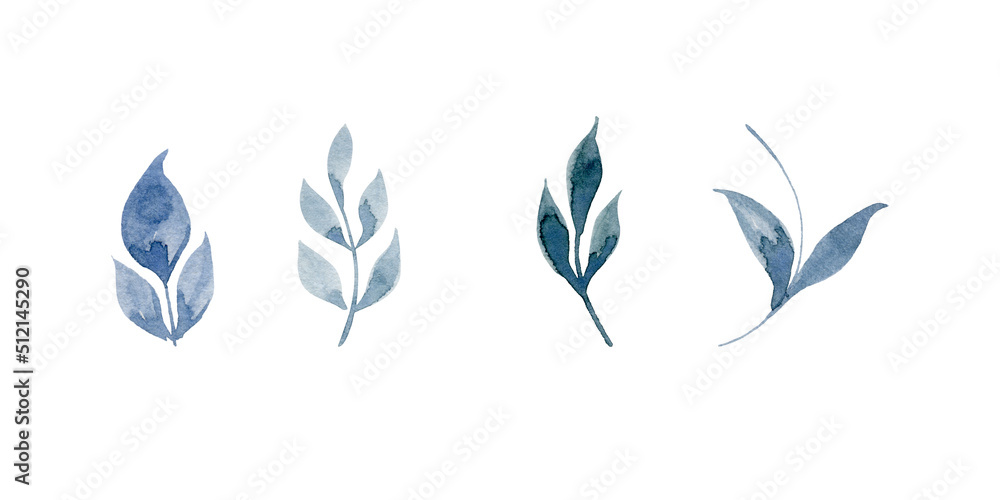 Set of hand drawn watercolor blue leaves, branches, plants. Watercolor illustration isolated on white background. Set of hand drawn watercolor blue leaves, branches, plants. Watercolor illustration isolated on white background.