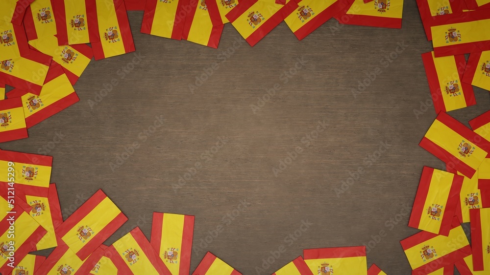 Frame made of paper flags of Spain arranged on wooden table. National celebration concept. 3D illustration Frame made of paper flags of Spain arranged on wooden table. National celebration concept. 3D illustration