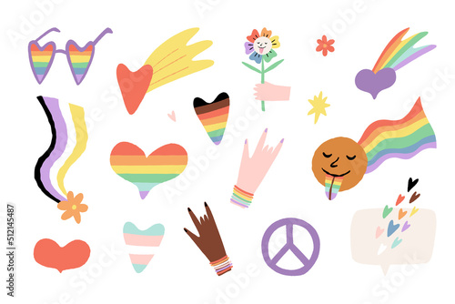 Pride Month sticker set. LGBTQ, transgender, nonbinary community colors hearts, rainbow, peace sign, flower, sunglasses