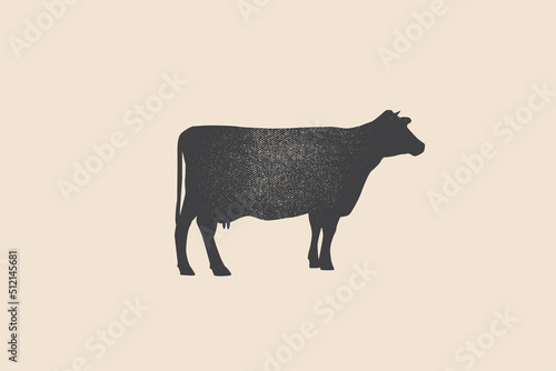 Dark silhouette of a cow on a light background. Logo template for dairy, meat products and farms. Can be used for butcher shop, market, menu design, packaging and labels. Vector illustration.
