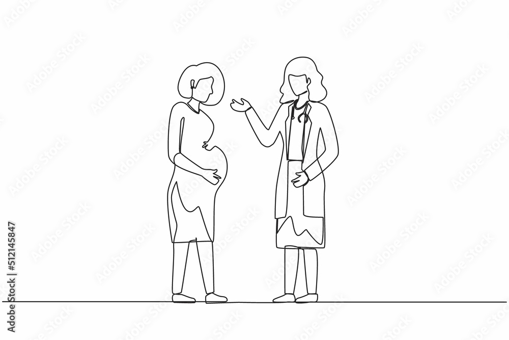 Single one line drawing cute pregnant woman at doctor's appointment. Woman expecting baby visits doctor's office, examination during pregnancy. Continuous line draw design graphic vector illustration Single one line drawing cute pregnant woman at doctor's appointment. Woman expecting baby visits doctor's office, examination during pregnancy. Continuous line draw design graphic vector illustration