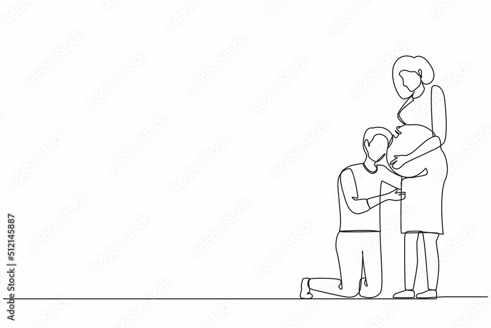 Continuous one line drawing man or husband kneel down and listening to his pregnant wife belly, expecting new born baby. Future parents character. Single line draw design vector graphic illustration
