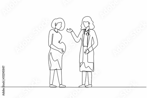 Single one line drawing cute pregnant woman at doctor's appointment. Woman expecting baby visits doctor's office, examination during pregnancy. Continuous line draw design graphic vector illustration