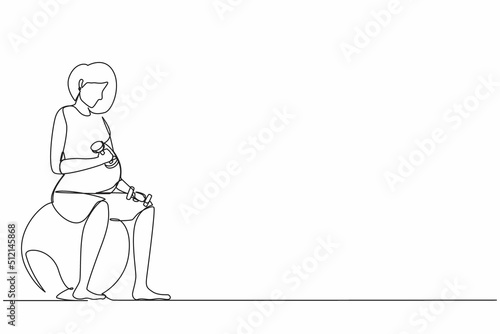 Single one line drawing beautiful young pregnant woman exercises with fitball working out with light weights in the gym. fitness, pregnancy concept. Modern continuous line draw design graphic vector