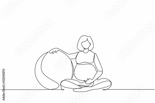 Single continuous line drawing beautiful pregnant woman exercising at home with pilates ball. Pregnant girl in sports suit with fitball. Healthy pregnancy. One line graphic design vector illustration