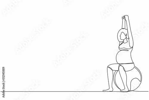 Single one line drawing yoga for pregnant woman concept. Fitness sport during pregnancy. Healthy lifestyle and relaxation. Girl with fitness ball. Continuous line design graphic vector illustration