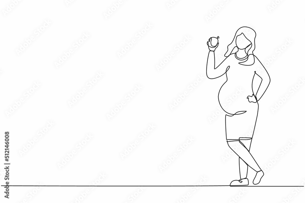 Single continuous line drawing happy beautiful pregnant woman holding green apple. Pregnancy and motherhood concept eating healthy fresh fruit food. One line draw graphic design vector illustration