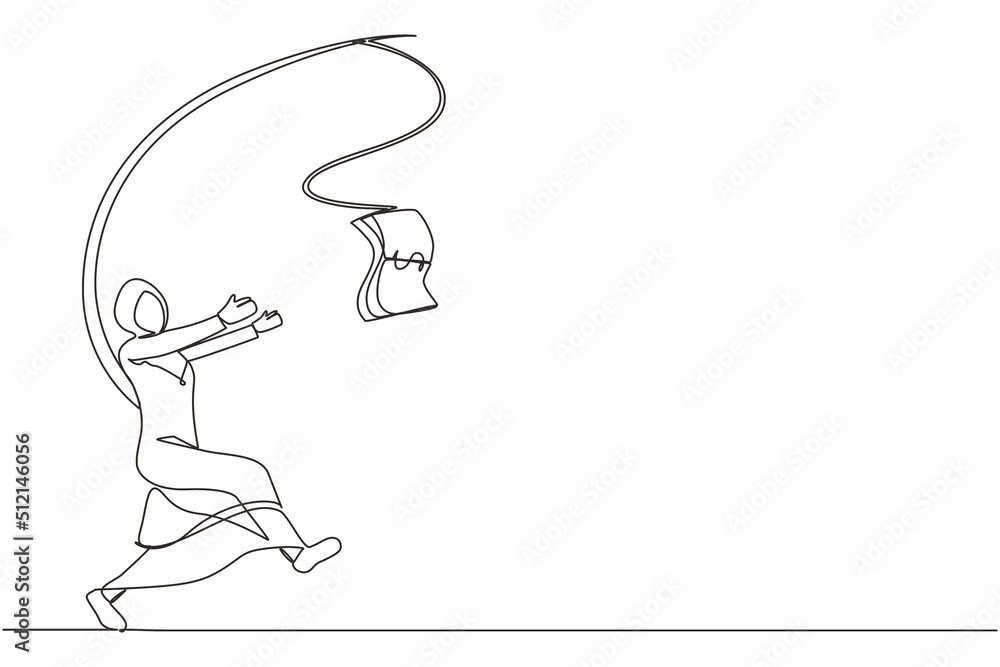 Single one line drawing greedy Arabian businesswoman or manager is running after money. Greedy woman in business blazer with attached rod and dollar. Continuous line design graphic vector illustration