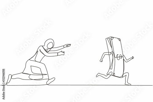 Continuous one line drawing Arabic businesswoman or manager running and chasing after run away money. Concept of money obsession, impatient, greedy. Single line draw design vector graphic illustration