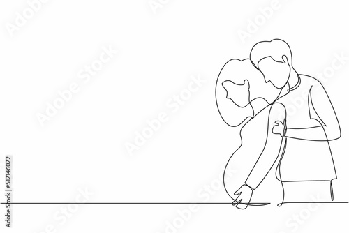Continuous one line drawing man or husband carefully embraced pregnant woman. Husband and wife are expecting baby, young parents, family support. Single line draw design vector graphic illustration