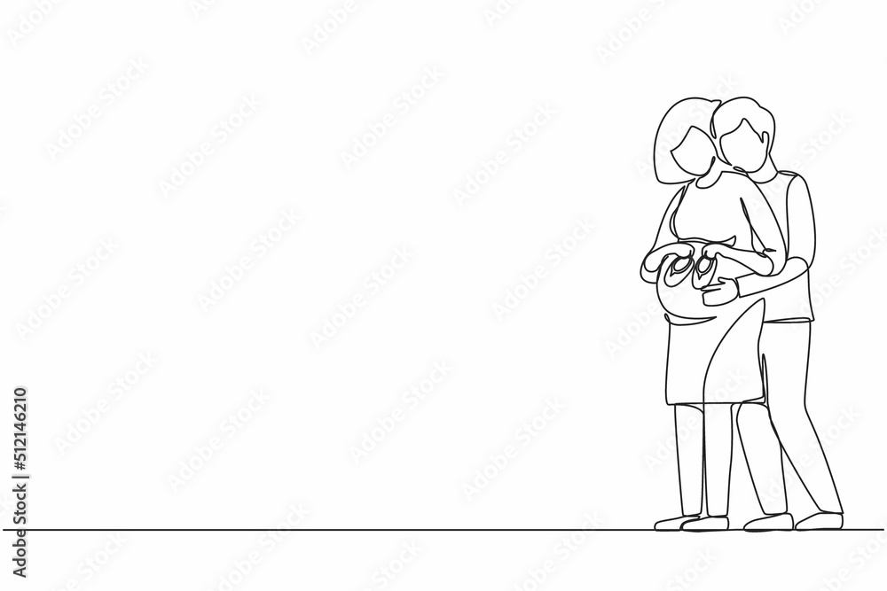Continuous one line drawing cute pregnant woman and her husband holding baby shoes and hugging tummy. Pregnant woman holding baby shoes while husband touching her belly. Single line draw design vector Continuous one line drawing cute pregnant woman and her husband holding baby shoes and hugging tummy. Pregnant woman holding baby shoes while husband touching her belly. Single line draw design vector